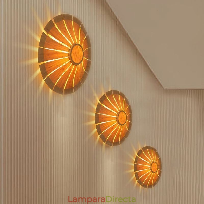 Aplique de pared redondo con flores, luz de pared de bambú única, iluminación decorativa creativa