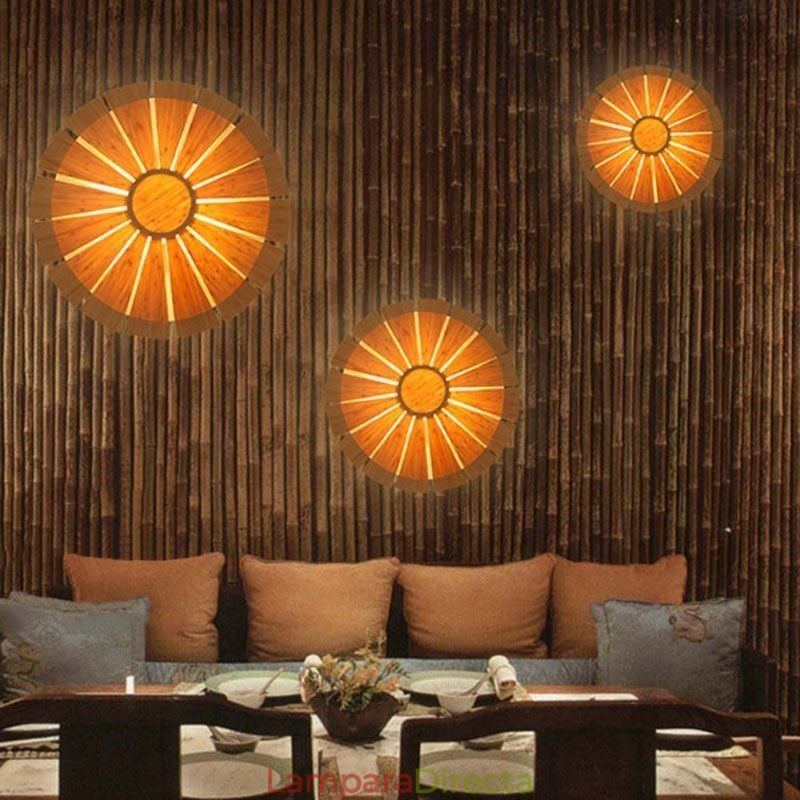 Aplique de pared redondo con flores, luz de pared de bambú única, iluminación decorativa creativa