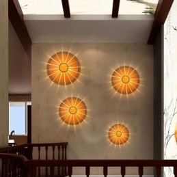 Aplique de pared redondo con flores, luz de pared de bambú única, iluminación decorativa creativa