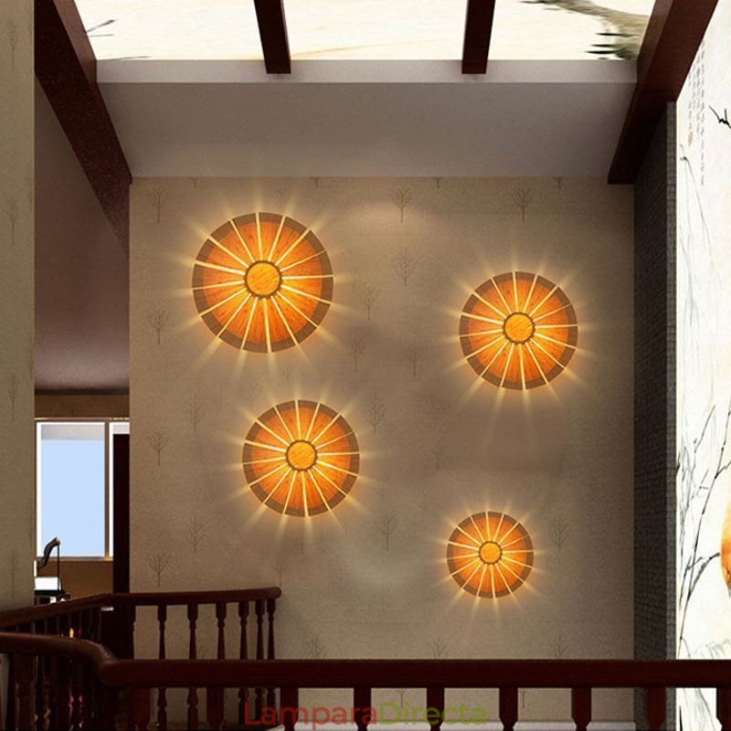 Aplique de pared redondo con flores, luz de pared de bambú única, iluminación decorativa creativa