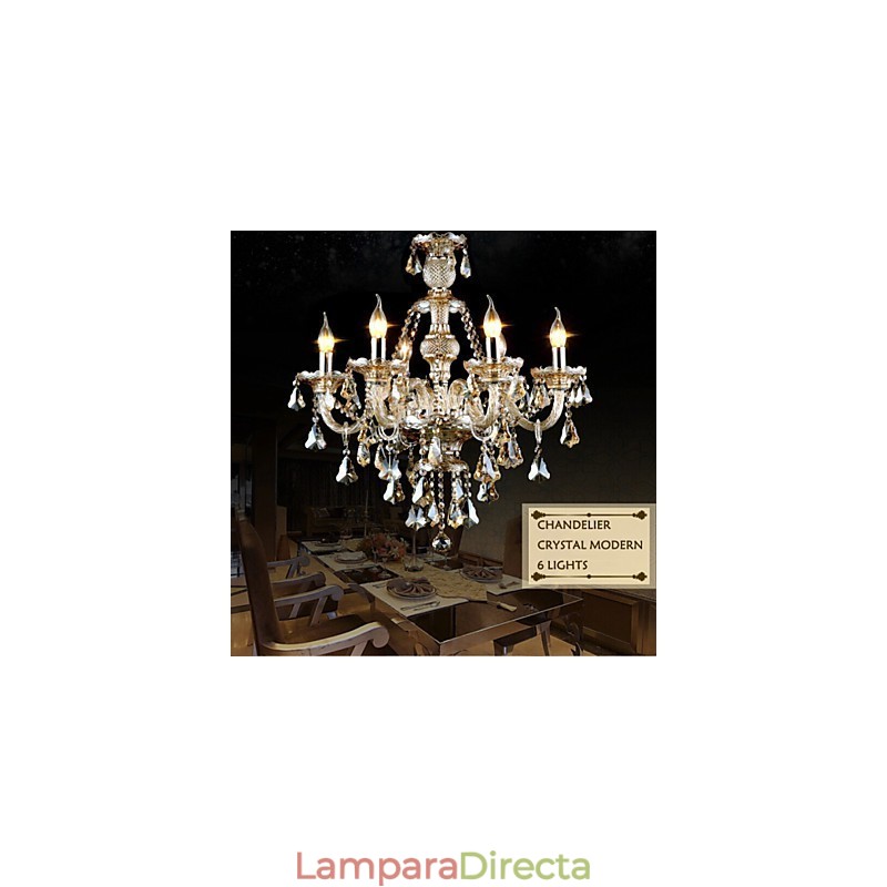 Lámpara de araña moderna de cristal color coñac de 6 luces, estilo contemporáneo.