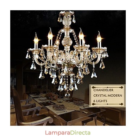 Lámpara de araña moderna de cristal color coñac de 6 luces, estilo contemporáneo. Lámpara de araña moderna de cristal color coñac de 6 luces, estilo contemporáneo.