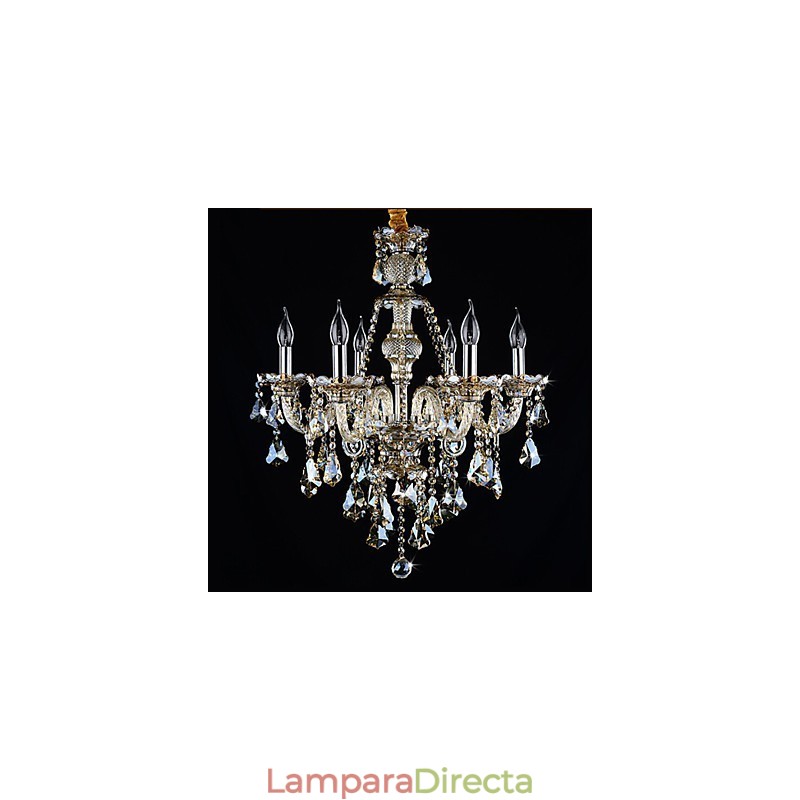 Lámpara de araña moderna de cristal color coñac de 6 luces, estilo contemporáneo.