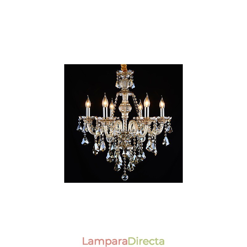 Lámpara de araña moderna de cristal color coñac de 6 luces, estilo contemporáneo.