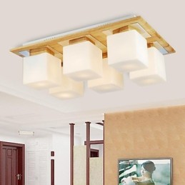 Lámpara de techo de roble, seis luces, roble y cristal, 220-240 V
