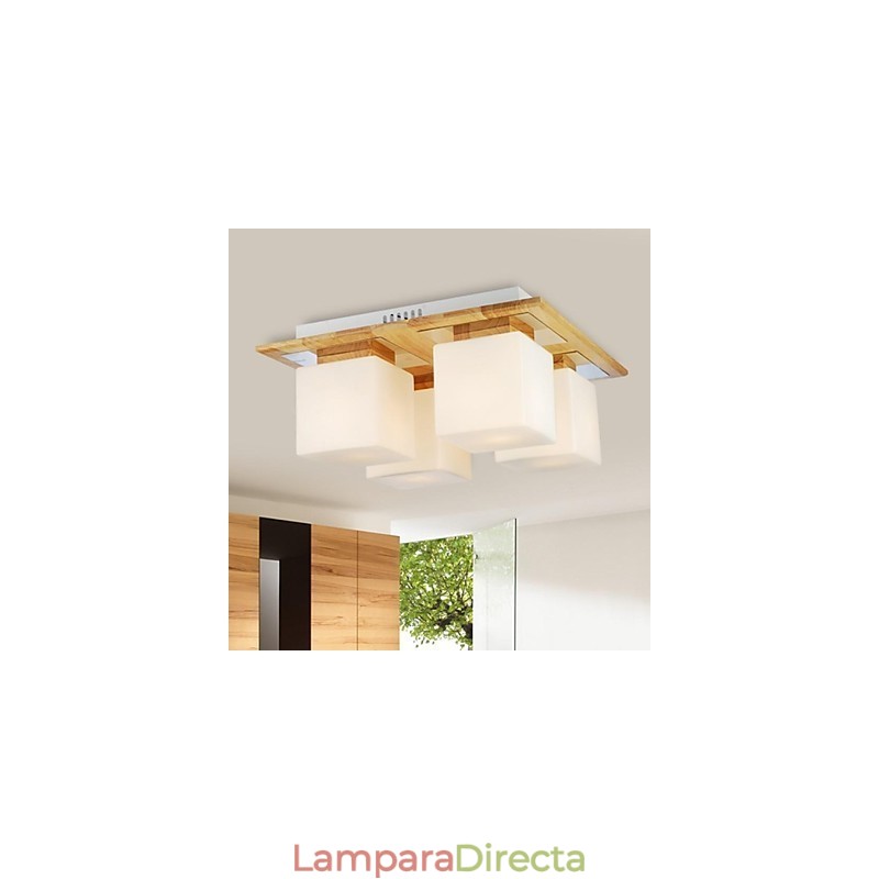 Lámpara de techo de roble de cuatro luces y vidrio, 220-240 V (HY9024)