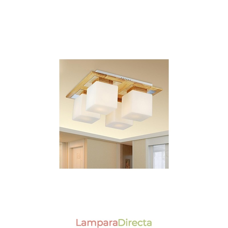 Lámpara de techo de roble de cuatro luces y vidrio, 220-240 V (HY9024)