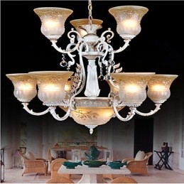 Lámpara de araña blanca de doce luces con pantalla de cristal dorado a mano, estilo retro europeo clásico.