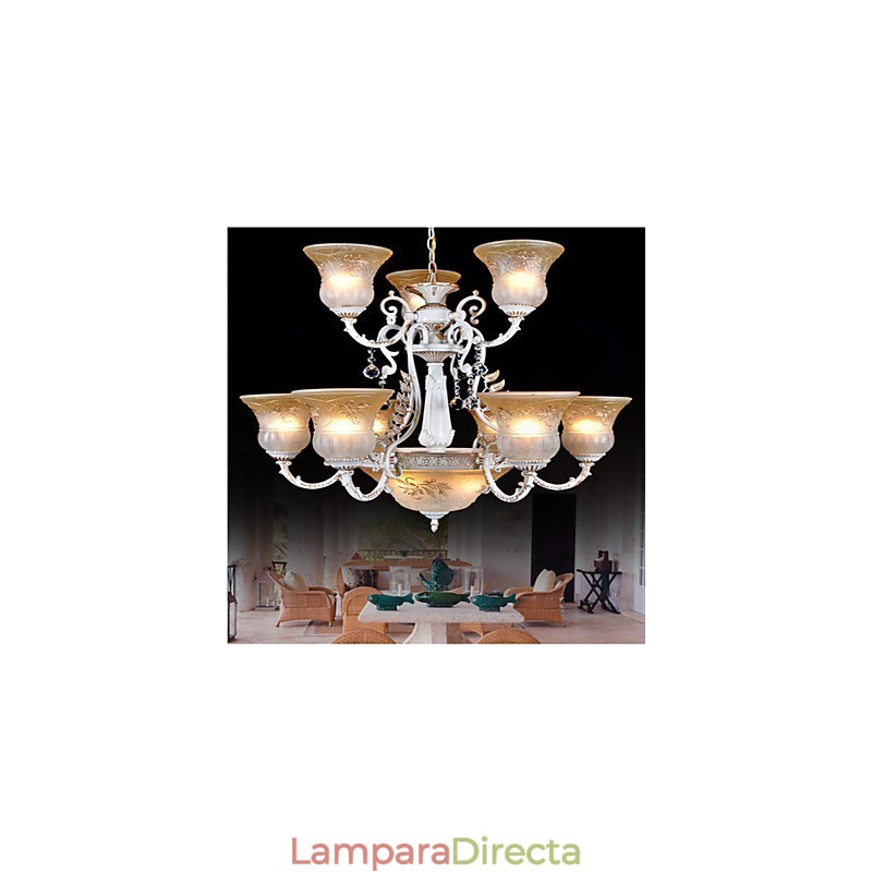 Lámpara de araña blanca de doce luces con pantalla de cristal dorado a mano, estilo retro europeo clásico.