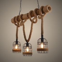 Lámpara de araña de cuerda de tres cabezas de bambú estilo retro estilo country americano