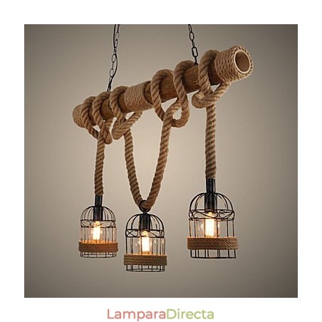 Lámpara de araña de cuerda de tres cabezas de bambú estilo retro estilo country americano Lámpara de araña de cuerda de tres cabezas de bambú estilo retro estilo country americano