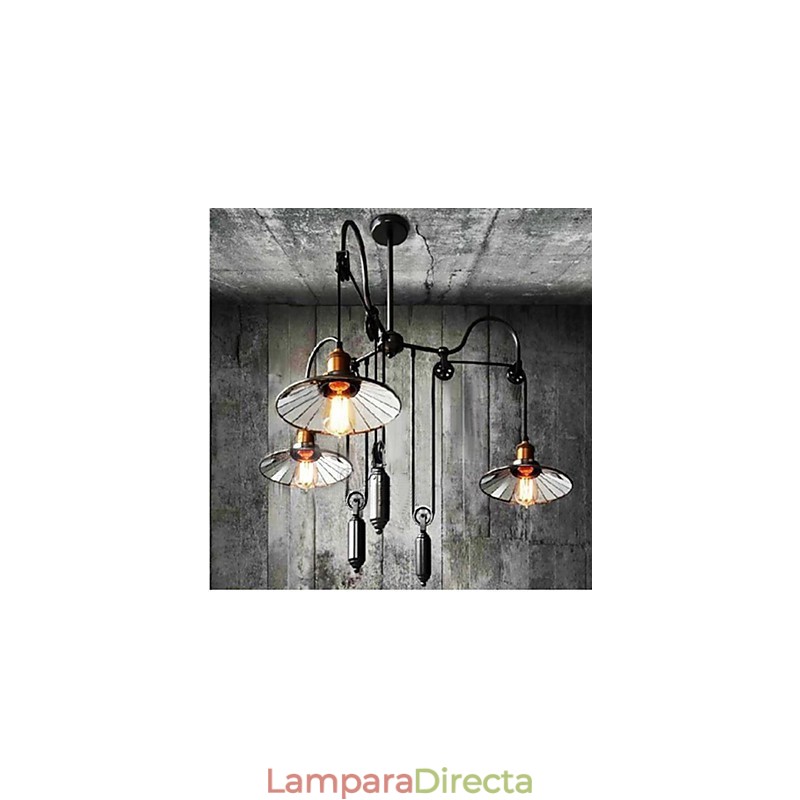 Lámpara colgante vintage Pully para vestíbulo de 3 islas, metal y pantalla interior de vidrio