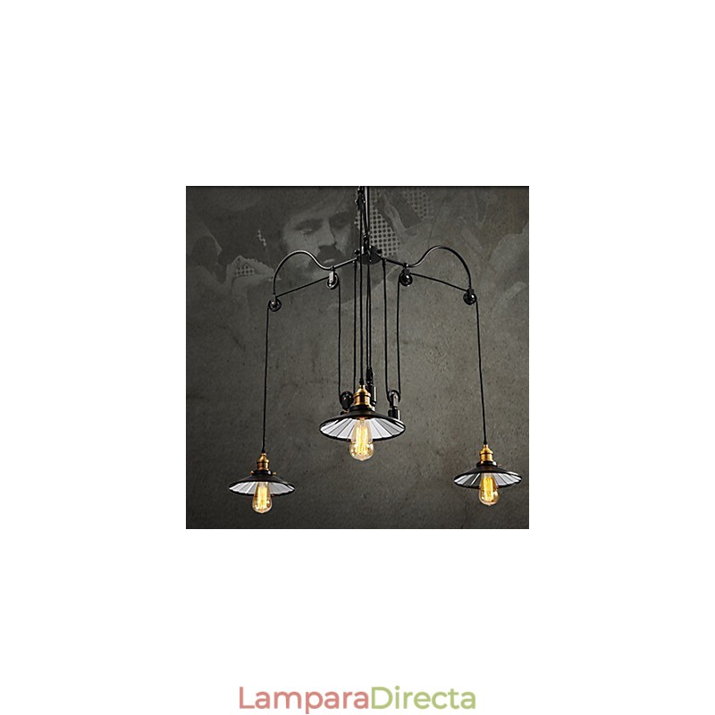 Lámpara colgante vintage Pully para vestíbulo de 3 islas, metal y pantalla interior de vidrio