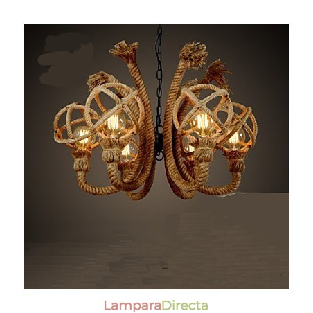 Lámpara de araña rústica americana de cuerda de cáñamo con arte de hierro vintage Lámpara de araña rústica americana de cuerda de cáñamo con arte de hierro vintage