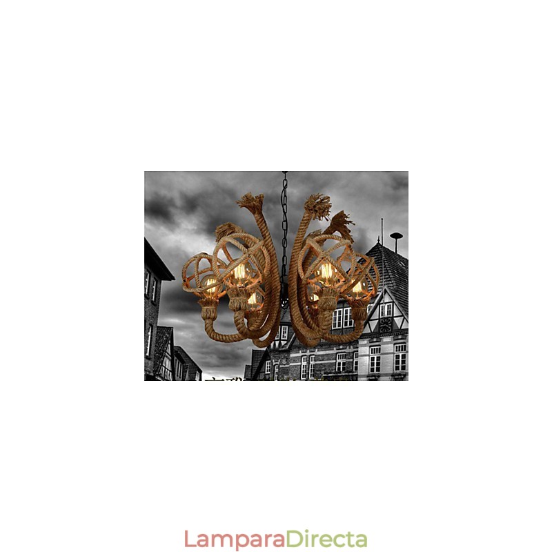 Lámpara de araña rústica americana de cuerda de cáñamo con arte de hierro vintage
