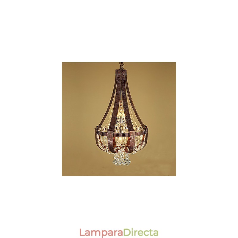 Lámpara de araña creativa de hierro, de cristal y cuero de lujo posmoderna