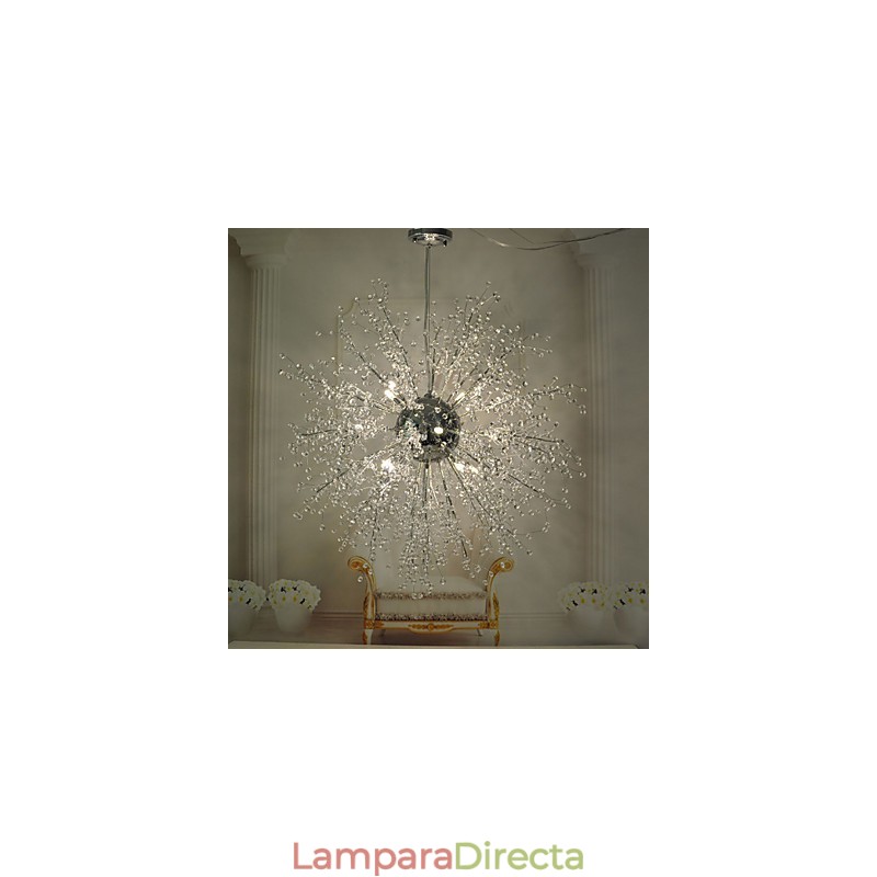 Lámpara colgante de araña de metal cromado con forma de globo de cristal