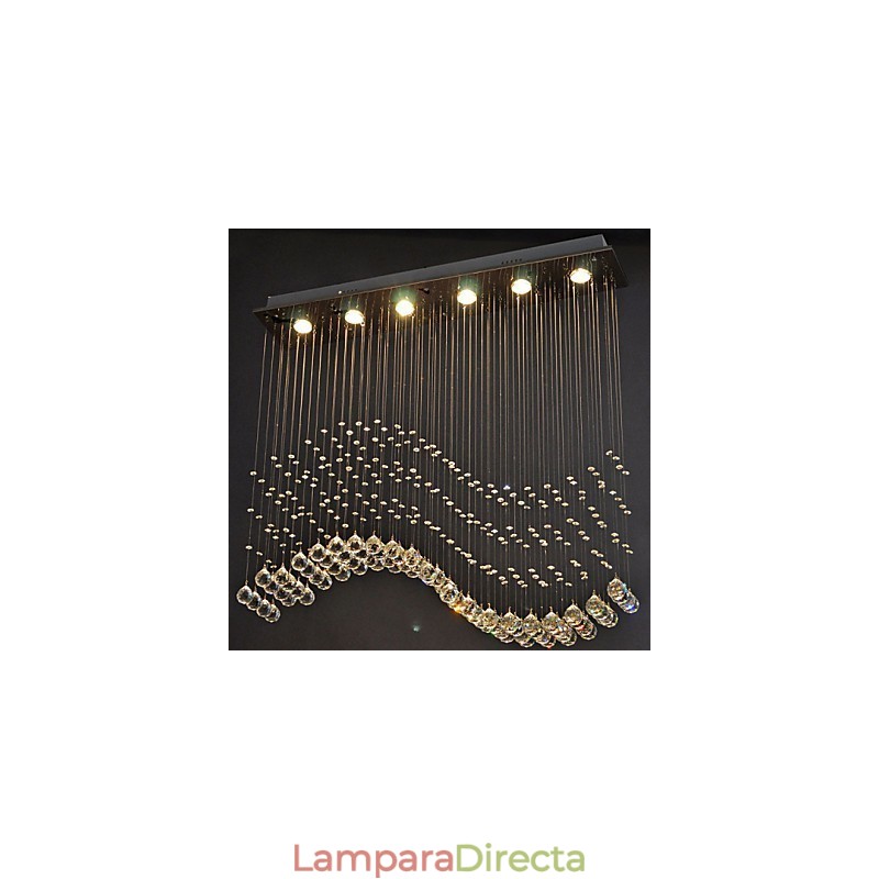 Lámpara colgante de 6 luces moderna plateada con ondas de cristal transparente, accesorios de iluminación de techo