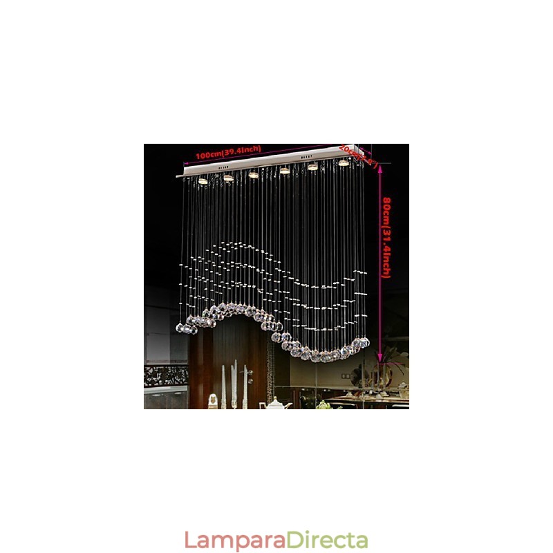 Lámpara colgante de 6 luces moderna plateada con ondas de cristal transparente, accesorios de iluminación de techo