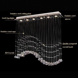 Lámpara colgante de 6 luces moderna plateada con ondas de cristal transparente, accesorios de iluminación de techo