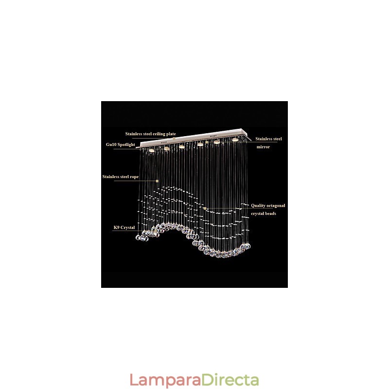 Lámpara colgante de 6 luces moderna plateada con ondas de cristal transparente, accesorios de iluminación de techo