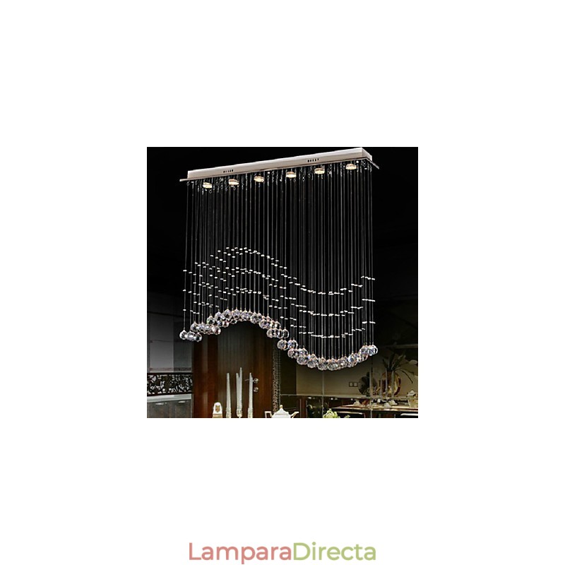 Lámpara colgante de 6 luces moderna plateada con ondas de cristal transparente, accesorios de iluminación de techo