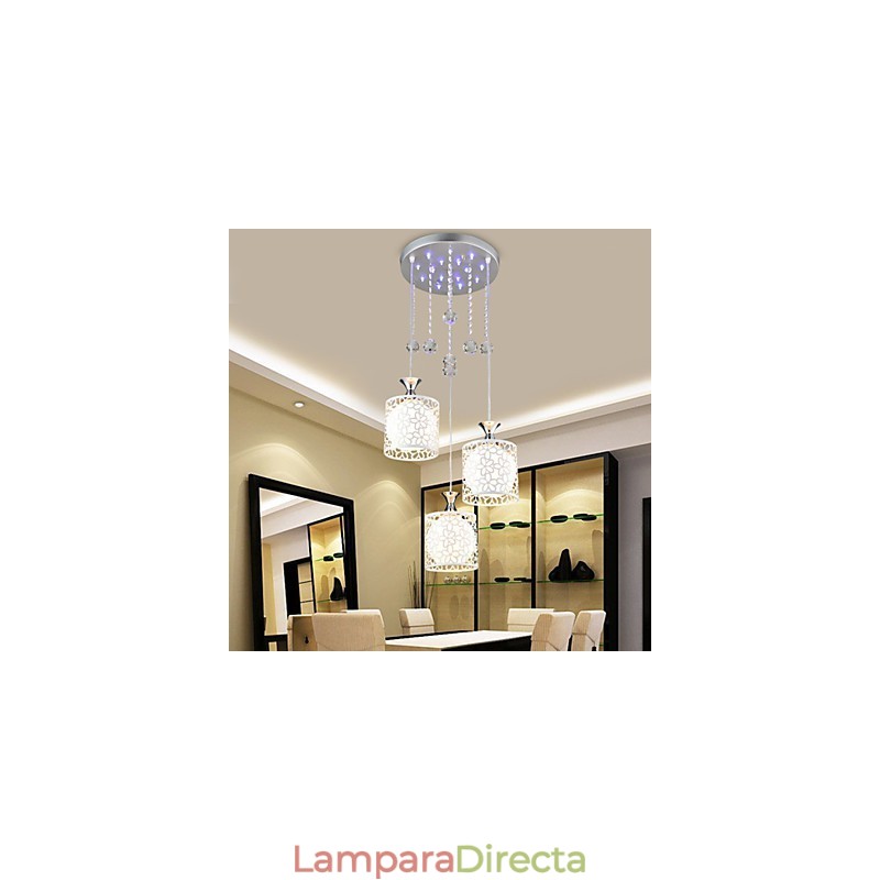 Lámpara colgante de hierro forjado con tres luces colgantes de cristal, contemporánea y minimalista.
