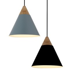 Lámpara colgante mini de cono artístico, 1 luz, acabado moderno y sencillo, aluminio y madera en blanco y negro, azul polvoriento.
