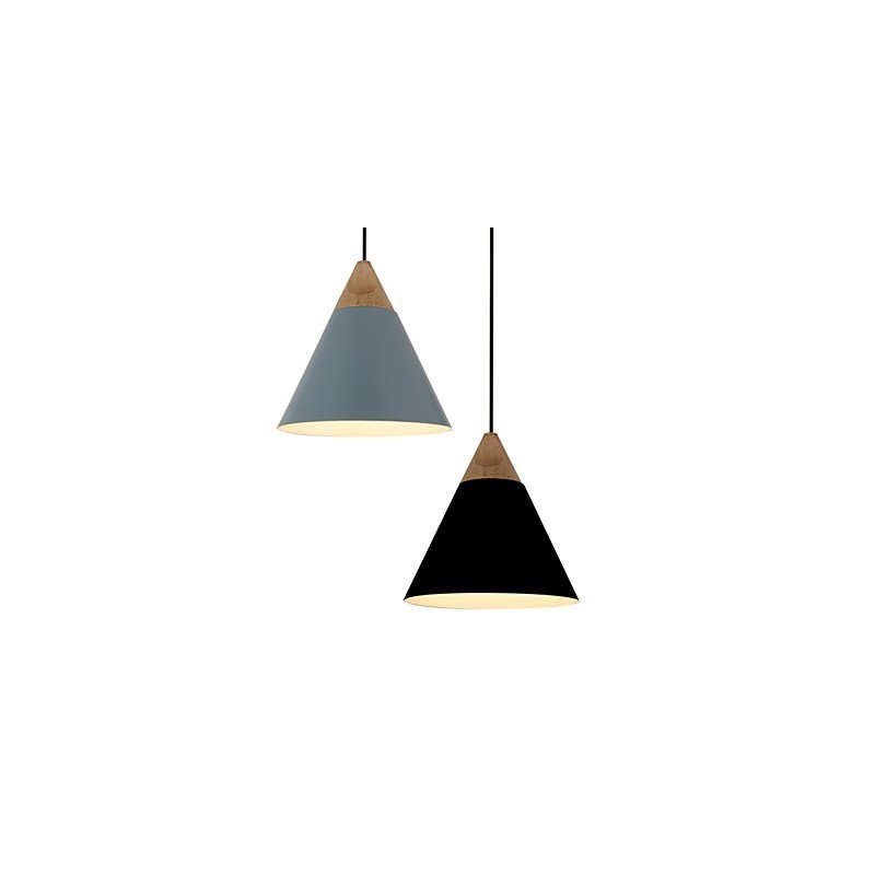 Lámpara colgante mini de cono artístico, 1 luz, acabado moderno y sencillo, aluminio y madera en blanco y negro, azul polvoriento.