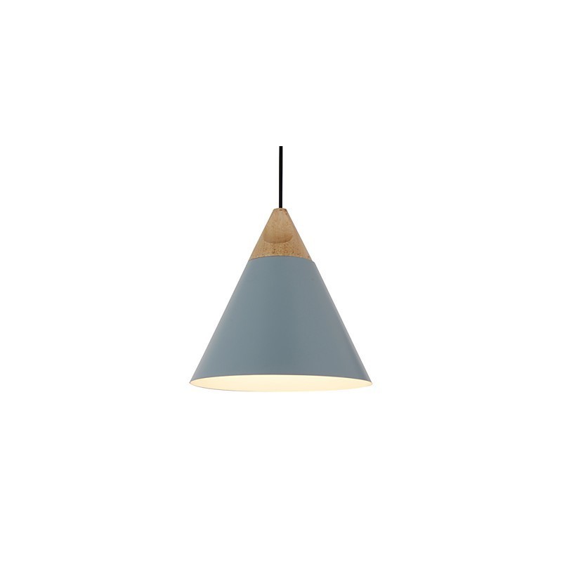Lámpara colgante mini de cono artístico, 1 luz, acabado moderno y sencillo, aluminio y madera en blanco y negro, azul polvoriento.