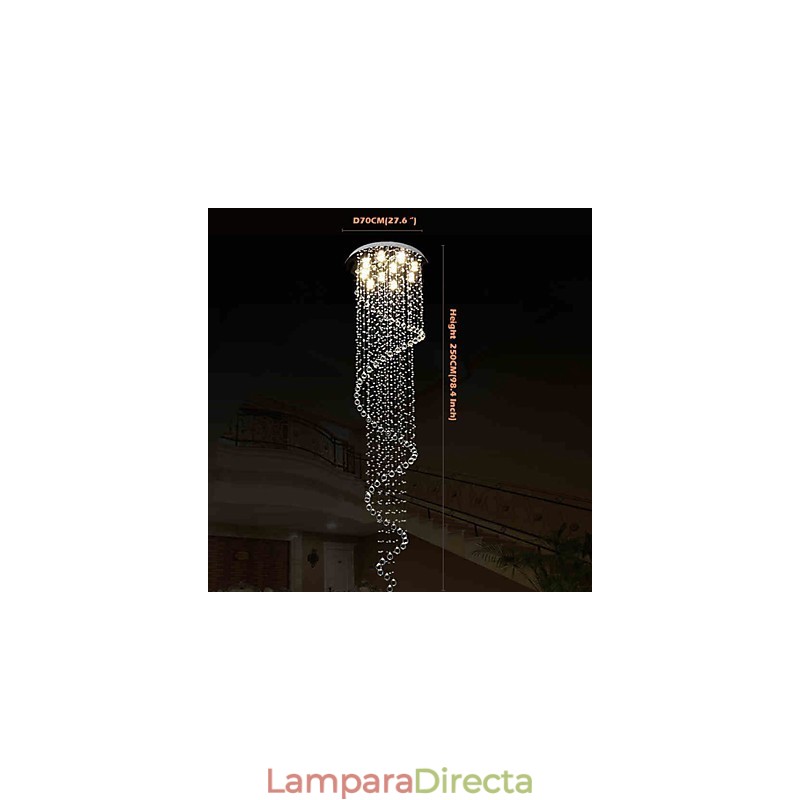 Lámpara colgante de cristal moderna, lámpara de araña con espiral simple, diámetro 70 cm, altura 250 cm.