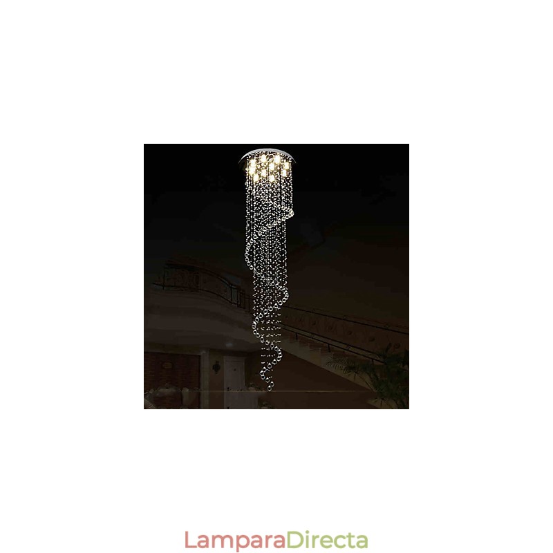 Lámpara colgante de cristal moderna, lámpara de araña con espiral simple, diámetro 70 cm, altura 250 cm.