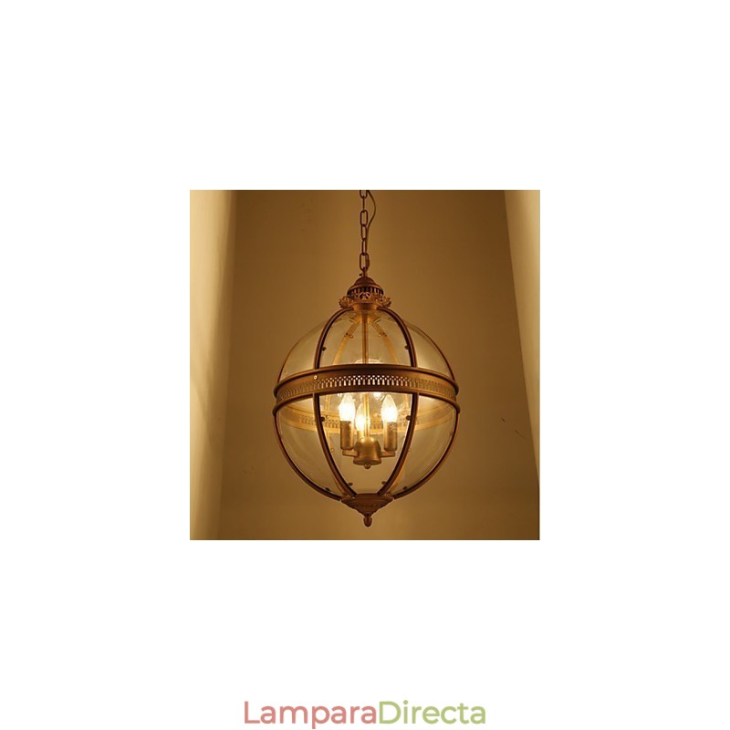 Lámpara de araña de hierro y bronce con cristal