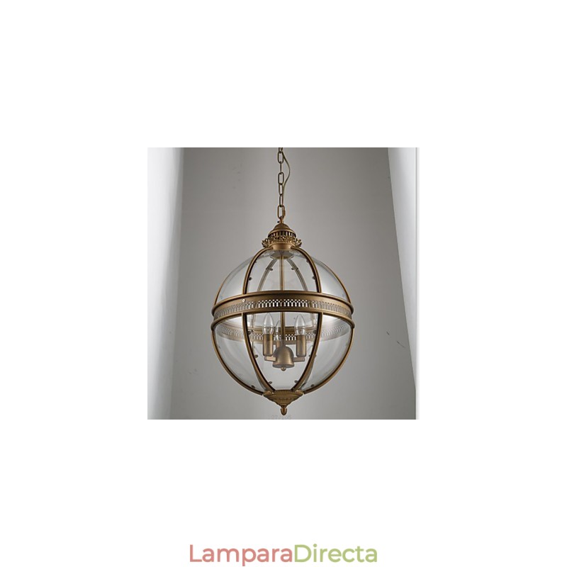 Lámpara de araña de hierro y bronce con cristal