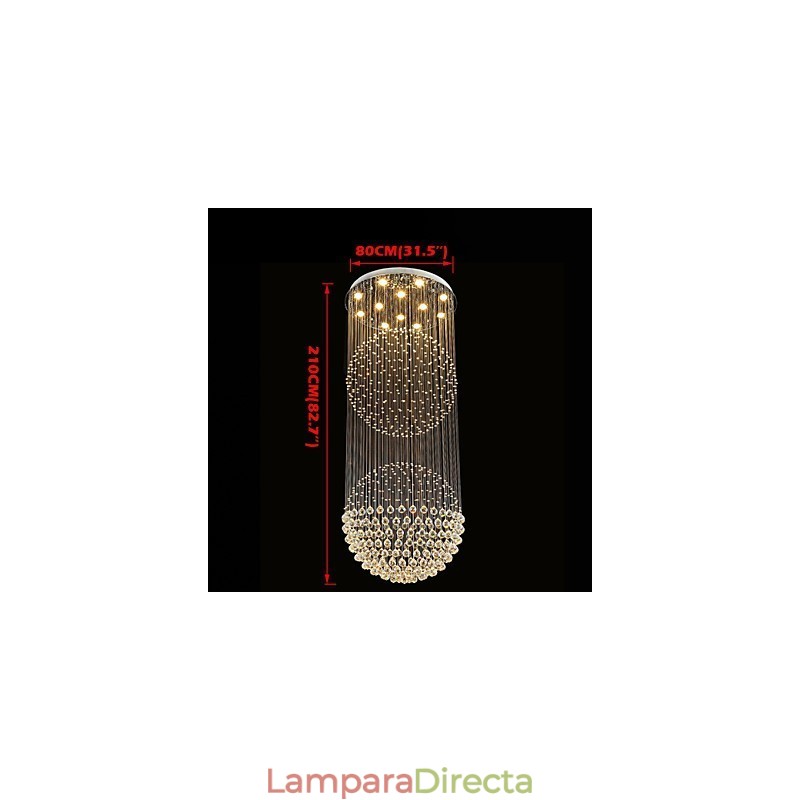 Lámpara colgante moderna de cristal de 12 luces con dosel plateado y globo de cristal transparente.