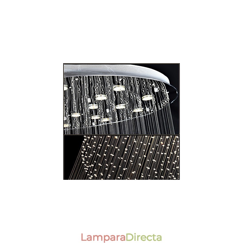 Lámpara colgante moderna de cristal de 12 luces con dosel plateado y globo de cristal transparente.