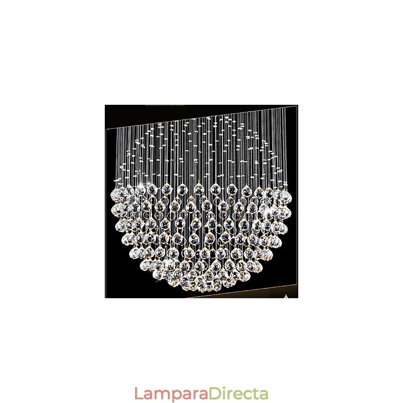 Lámpara colgante moderna de cristal de 12 luces con dosel plateado y globo de cristal transparente.