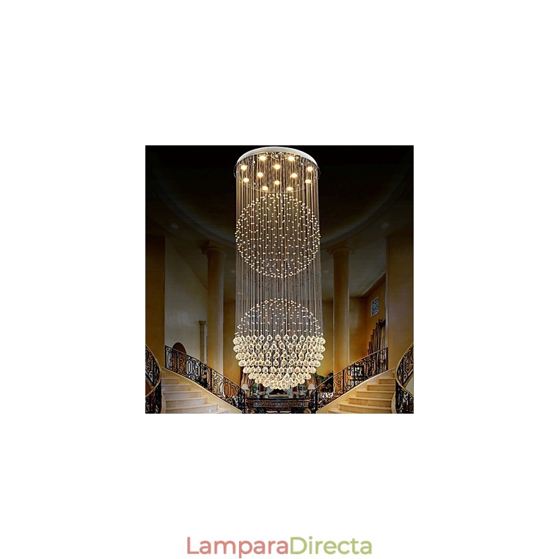 Lámpara colgante moderna de cristal de 12 luces con dosel plateado y globo de cristal transparente.