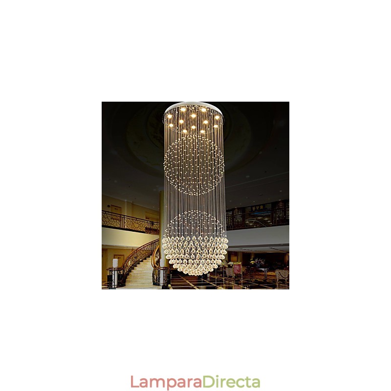 Lámpara colgante moderna de cristal de 12 luces con dosel plateado y globo de cristal transparente.