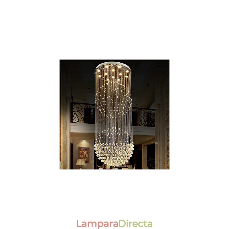 Lámpara colgante moderna de cristal de 12 luces con dosel plateado y globo de cristal transparente.