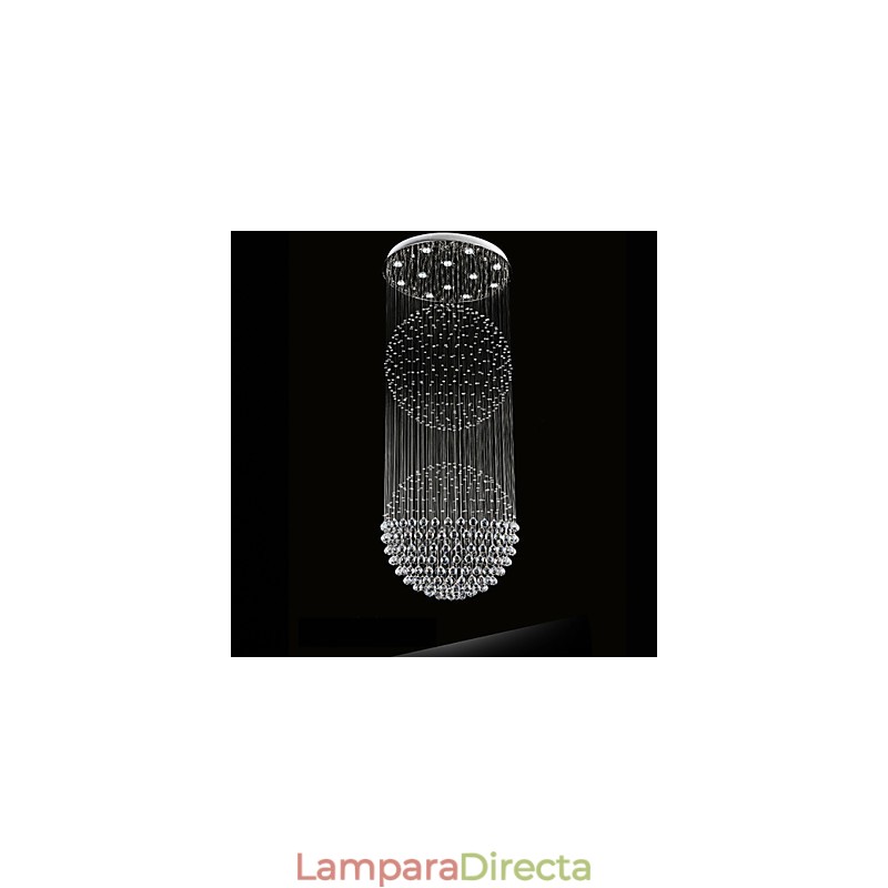 Lámpara colgante moderna de cristal de 12 luces con dosel plateado y globo de cristal transparente.
