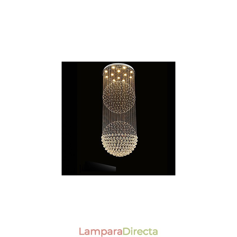 Lámpara colgante moderna de cristal de 12 luces con dosel plateado y globo de cristal transparente.