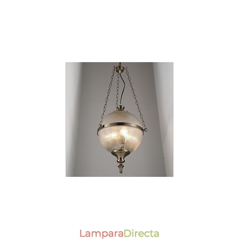 Lámpara de araña de hierro y bronce con cristal