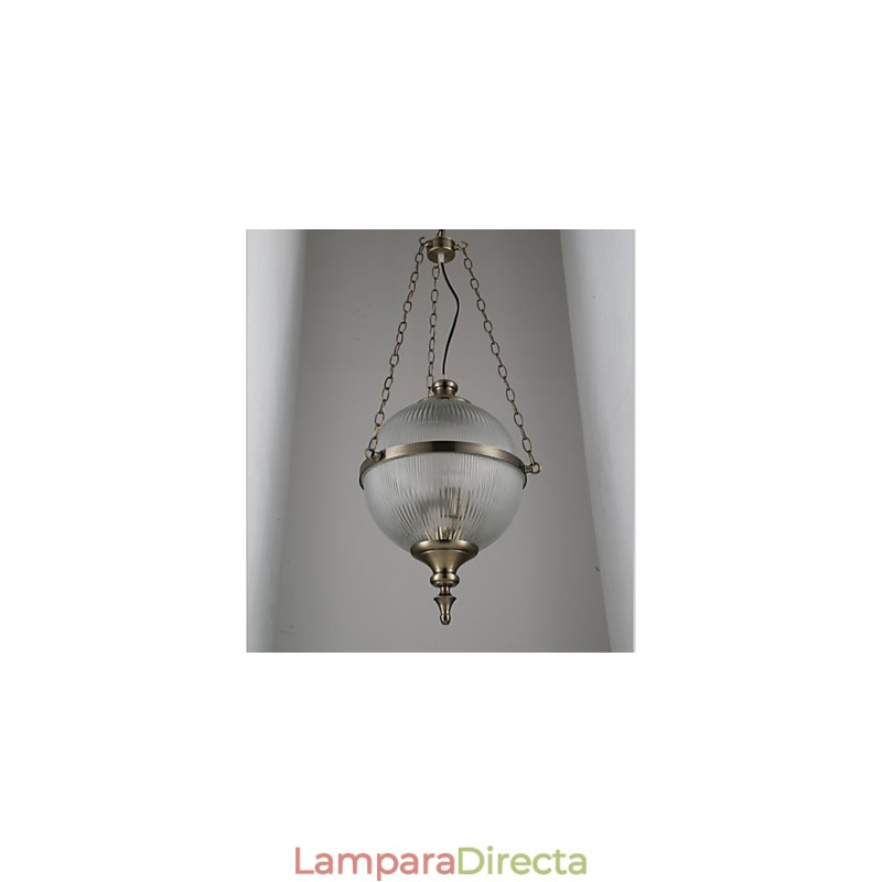 Lámpara de araña de hierro y bronce con cristal