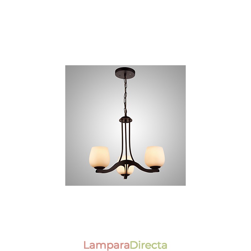 Lámpara de araña clásica de hierro pintado con pantalla de cristal, 3 luces