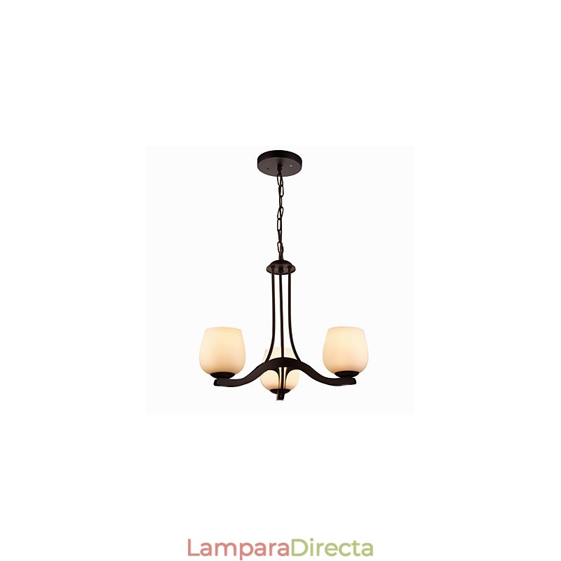 Lámpara de araña clásica de hierro pintado con pantalla de cristal, 3 luces
