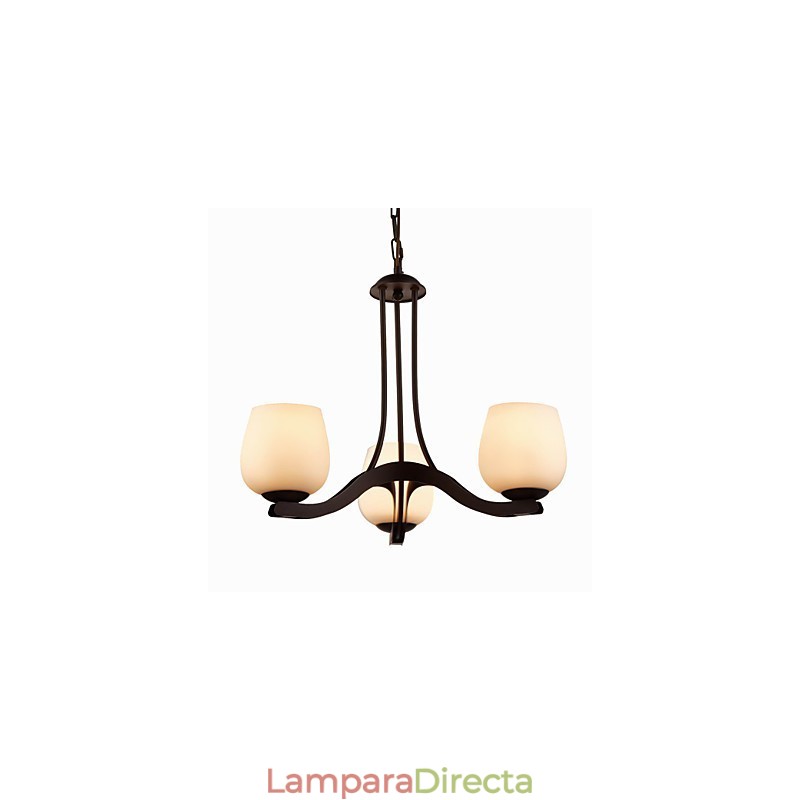 Lámpara de araña clásica de hierro pintado con pantalla de cristal, 3 luces