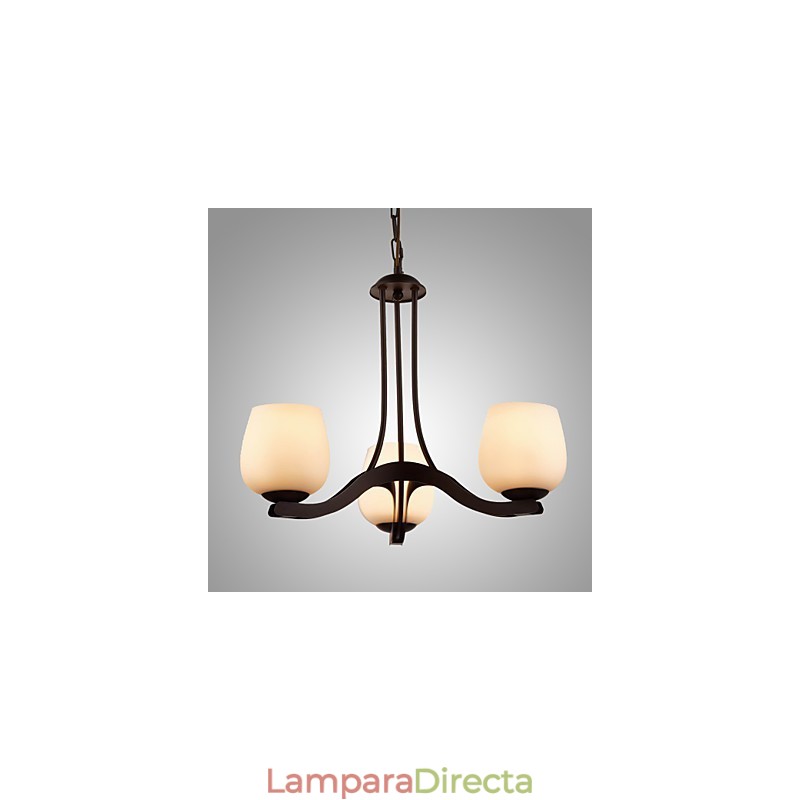 Lámpara de araña clásica de hierro pintado con pantalla de cristal, 3 luces