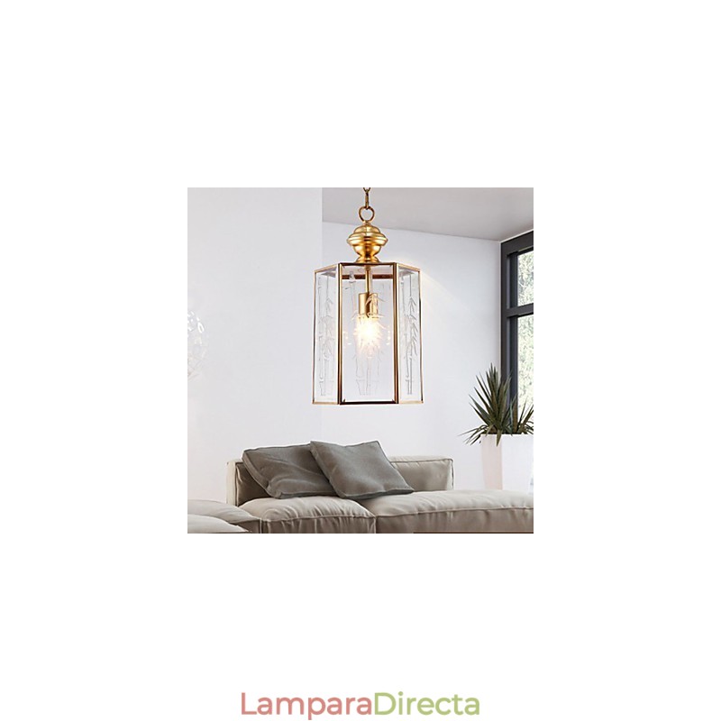 Lámpara colgante pequeña estilo country americano, de cobre y vidrio simple.