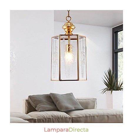 Lámpara colgante pequeña estilo country americano, de cobre y vidrio simple. Lámpara colgante pequeña estilo country americano, de cobre y vidrio simple.